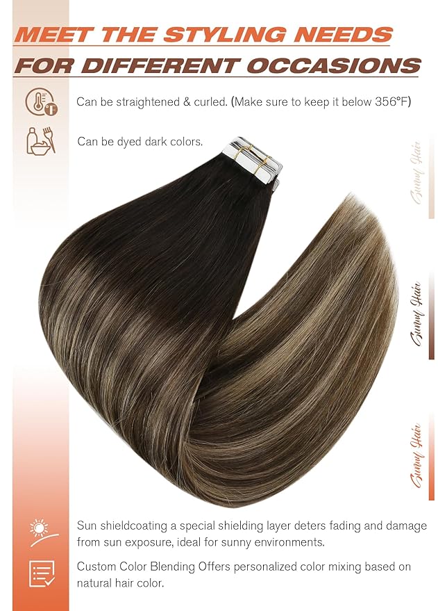 Sunny Hair Tape in Hair Extensions Human Hair 22 Inch 40Pcs Remy Tape in Extensions Black Balayage Brown Ombre Ash Blonde Hair Extensions Tape in 100g