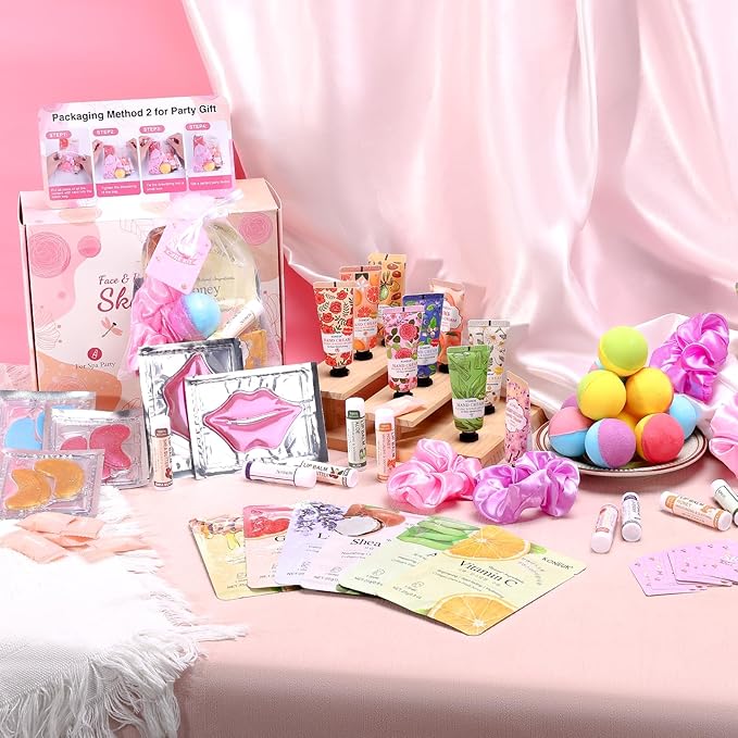 120 PCS Spa Party Supplies for Women Spa Party Favors Include Face Masks Skincare Hand Cream Lip Balm Under Eye Patches Lip Mask and Foot Bath Bombs Spa Birthday Sleepover Party Supplies