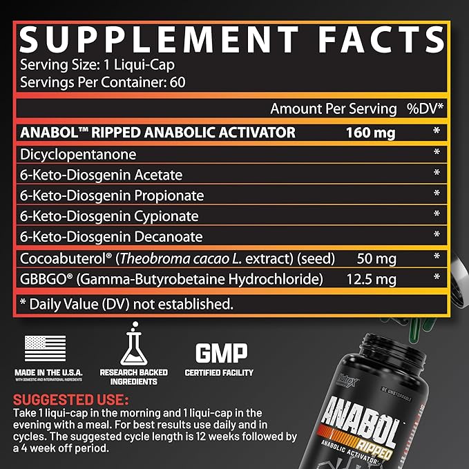 Nutrex Research Anabol Ripped Anabolic Muscle Builder for Men 2-in-1 Muscle Builder and Shredding Supplement (60 Count)