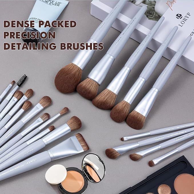 LORYP Makeup Brush Set Soft Vegan Professional Cosmetic Brushes for Face &amp Eyes Gray 20 Pcs Full-Size
