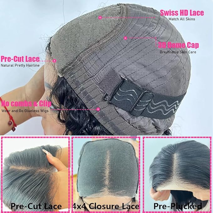 Wear and Go Glueless Curly Bob Wig Human Hair 4x4 Lace Closure Wigs Brazilian Virgin Human Hair Wigs for Black Women Wet and Wavy Deep Curly Pre Plucked Pre Cut(14 Inch)