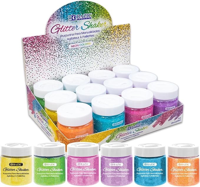 BAZIC Products Glitter Shaker Neon Metallic Color Sparkling Powder in Jar for Slime Paints Crafts Nail Art Polish Skin Halloween Party (56.6g/Pack) 144-Packs