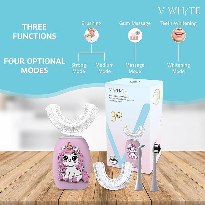 V-WHITE Electric Toothbrush Kids- Ultrasonic U-Shaped Toothbrushes for Teeth Whitening - 360° Mouth Cleansing Hands Free Gums Protection - Wireless Charging &amp LED Light - Waterproof IPX7 Certifie
