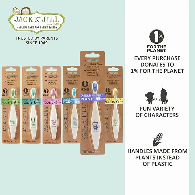 Jack N' Jill Baby &amp Toddler Toothbrush - 12 Months &amp Up Age 2-4 Natural Soft Non Toxic Cornhusk Handle Kids Toothbrushes for Girls &amp Boys - Assorted Characters (4 Pack)