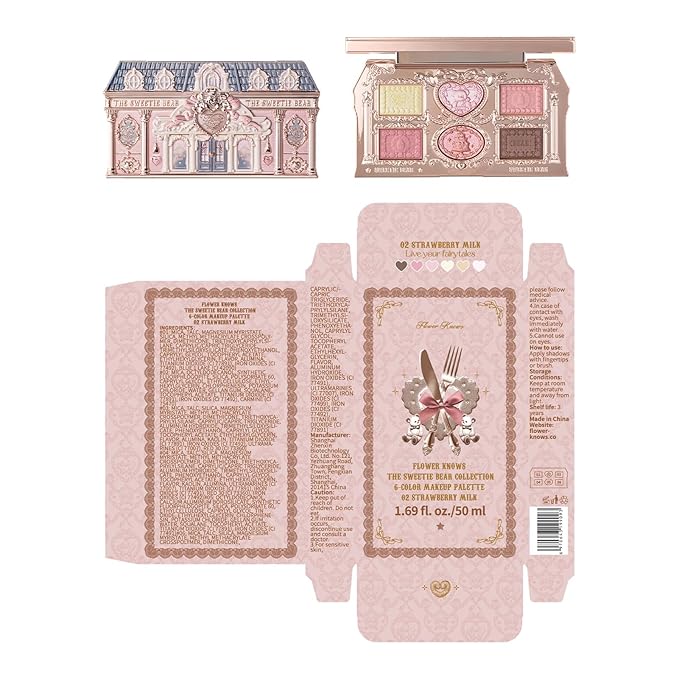 Flower Knows The Sweetie Bear Collection 6-Color Makeup PalettePink Eyeshadow with 4 Matte + 2 Shimmer ShadesBlendable Smooth Cute Eye Makeup0.23 Oz(02 Strawberry Milk)