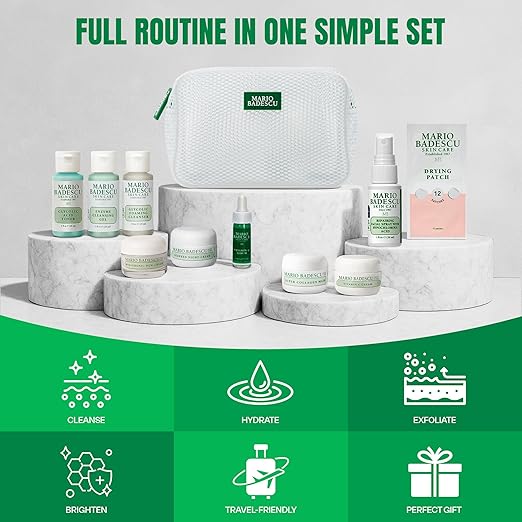 A Little Bit of Mario 10-Piece Skincare Kit ? Vitamin C Serum Glycolic Acid Toner Hyaluronic Dew Cream Collagen Mask HOCI Spray &amp Cleanser ? Brightening Anti-Aging &amp Hydration ? Travel &a