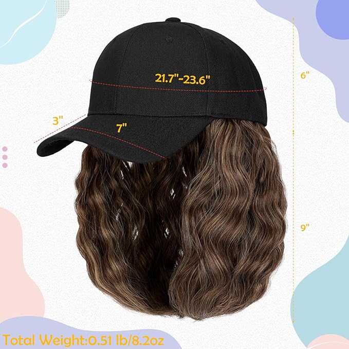 Baseball Hat WigHat with Hair attached 16'' Adjustable Black Cap with Wavy Curly Synthetic Bob Hair Extensions for Women Girls(Medium Blonde Mix Ash Blonde)