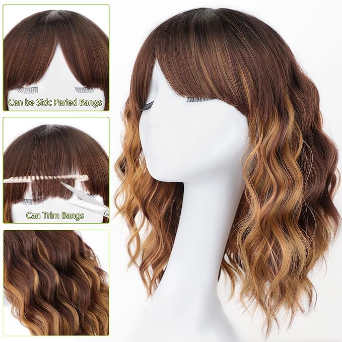 AISI HAIR Curly Bob Wig with Bangs Ombre Brown Mix Blonde Color Short Wavy Wigs for Women Bob Style Synthetic Heat Resistant Bob Wigs