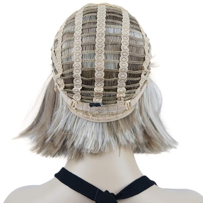 Lydell 8 Straight Short Bob Hair Flat Bangs Cute Central Dot Skin Top Heat Resistant Synthetic Wigs (H16/613 Blonde Highlighted)