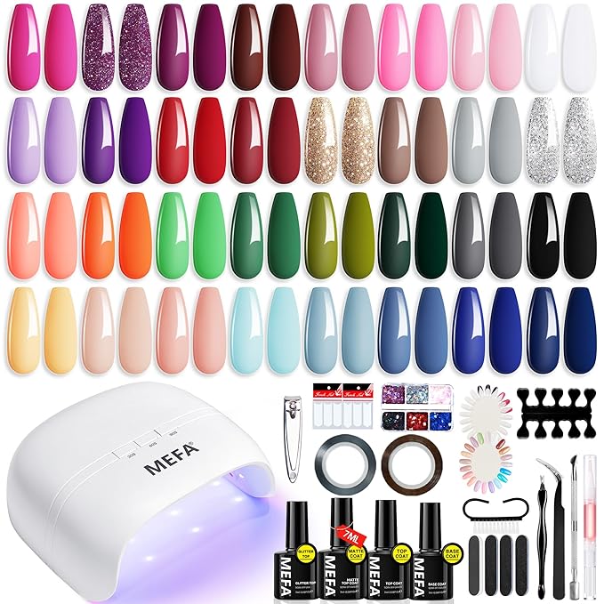 MEFA 60 Pcs Gel Nail Polish Kit with U V Light 32 Colors Popular Soak Off Nude Pink Red Gel Polish Nail Set with Matte/Glossy Gel Top Base Coat Manicure Tools Nail Art Decorations DIY Salon