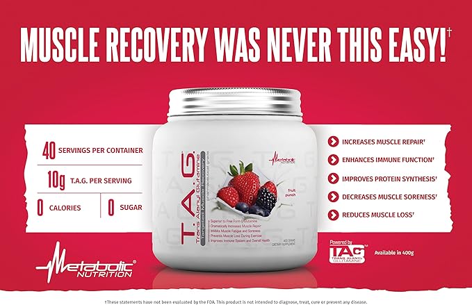 Metabolic Nutrition TAG Trans Alanyl Glutamine 100% L-Glutamine Peptide Powder Pre Intra Post Workout Supplement 400 Grams (40 Servings) (Unflavored)