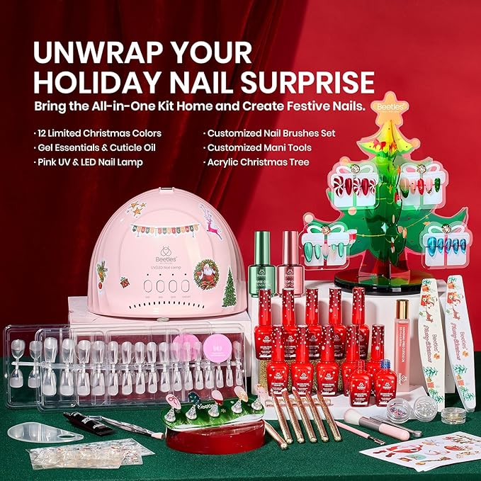 Beetles 67Pcs Gel Nail Kit Crystal Christmas Gifts for Women Teen Girls - 12 Colors Cat Eye Red Glitter Gel Polish Kit with U V Light &amp Nails Stand Acrylic Holder Display Nails Stuff Manicure Set