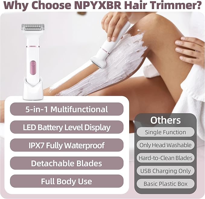 5-in-1 Bikini Trimmer for Women: IPX7 Waterproof Electric Razor Shaver for Face Pubic Area Leg Arm Underarm Nose Cordless Rechargeable Body Hair Removal Battery Display Ceramic Blade