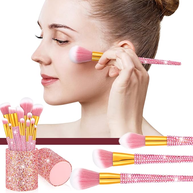 Rtteri 13 Pcs Rhinestone Pink Makeup Brushes Set Yellow Bling Crystal Professional Face Cosmetics Blending Liquid Foundation Powder Concealer Eye Shadows Make up Beauty Tool Glitter with Holder