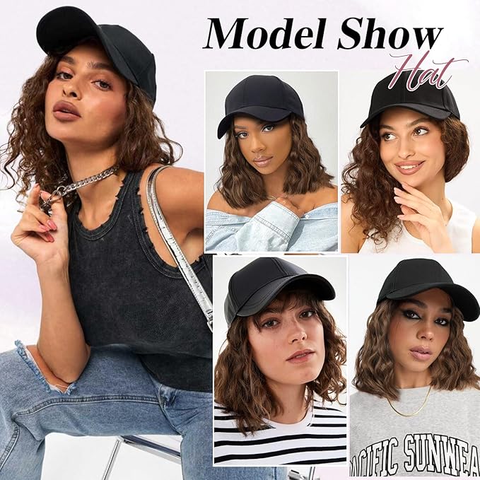 HANYUDIE Hat Wig for Women Wig Cap with Curly Hair Extensions Hat with Hair Wave Adjustable Baseball Cap Wigs