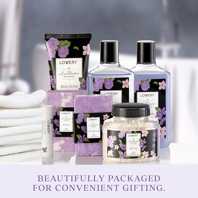 Womens Christmas Gifts ? Holiday Gift Baskets for Women Spa Gifts for Women Who Have Everything ? Bath and Body Gifts for Mom Her Lavender &amp Lilac Bath Set Soap Bath Bomb Jojoba Oil Lip Balm