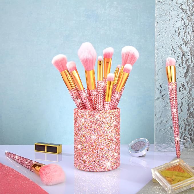 Rtteri 13 Pcs Rhinestone Pink Makeup Brushes Set Yellow Bling Crystal Professional Face Cosmetics Blending Liquid Foundation Powder Concealer Eye Shadows Make up Beauty Tool Glitter with Holder