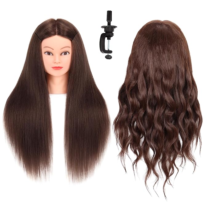 Mannequin Head with Hair 80% Real Human Hair 26-28'' Cosmetology Mannequin Head for Styling Practice on Braiding Manikin Head with Clamp Stand and Tools (Dark Brown)