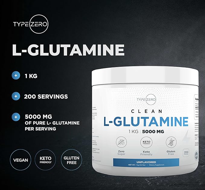 Type Zero L Glutamine Powder KG 5000mg Serving Size - 6-Month Supply L-Glutamine Supplement for Gut Health Gastrointestinal Lining Support &amp Recovery for Women/Men - Vegan Gluten Free No Fill