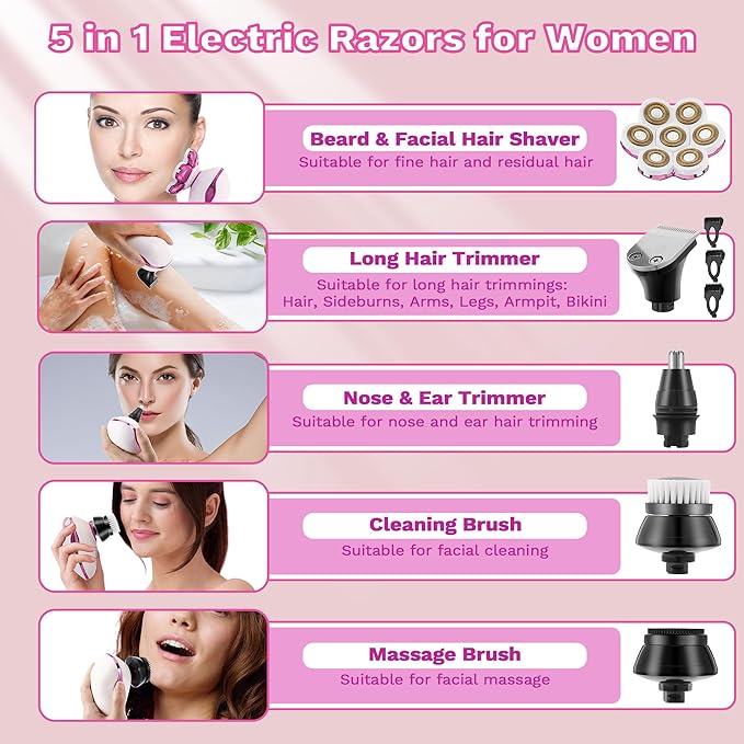 Electric Razors for Women 7D Electric Shaver for Women 5 in 1 Lady Shavers Wet/Dry Bikini Trimmer Painless Face Razor for Arms Legs Armpit Pubic Area