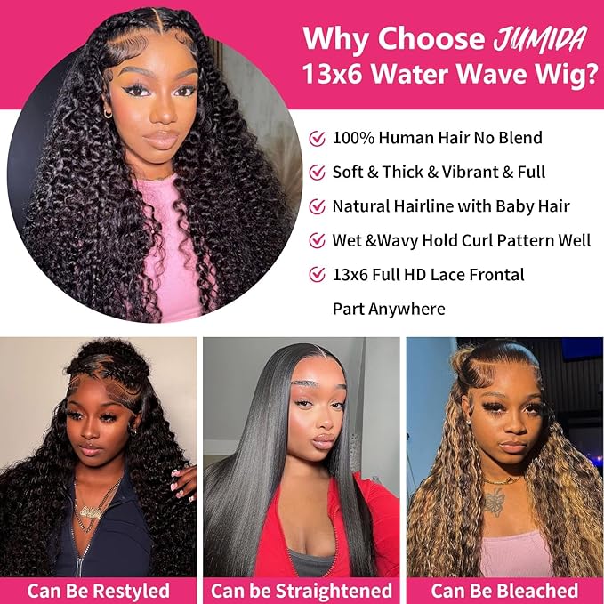 13x6 Lace Front Wigs Human Hair Water Wave 200 Density 13x6 HD Full Lace Frontal Wigs Pre Plucked Wet and Wavy Glueless Deep Curly Human Hair Wigs for Women Natural Black 22 Inch