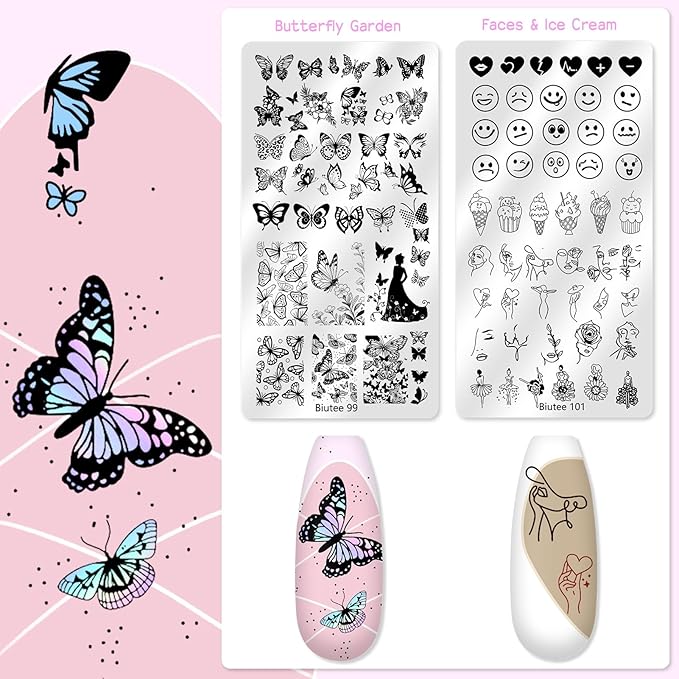 Biutee Nail Stamper Kit 12Pcs Nail Art Stamping Plate 8 Colors Stamp Polish Gel with Top Coat and Base Coat Set Silicone Stamper Scraper Nail Stamp Plates Love Flower Butterfly Leaf Christmas Design