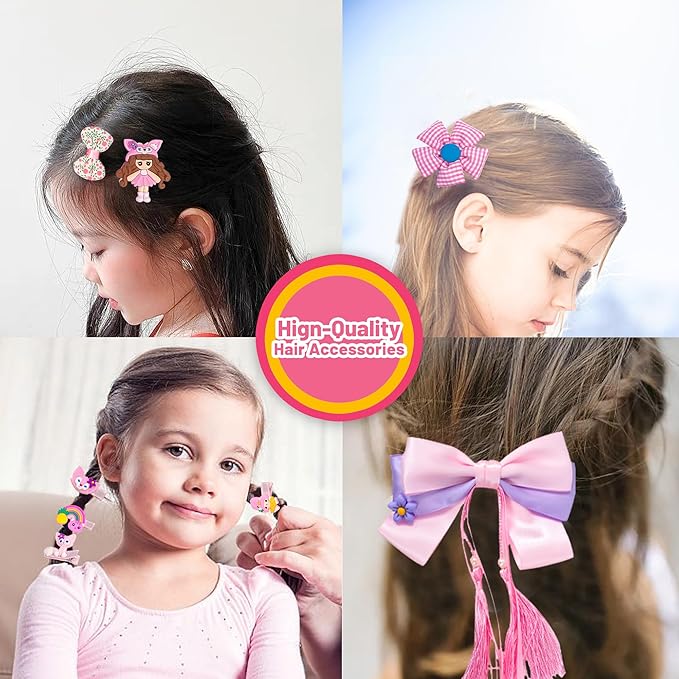 Hair Accessories Set with Jewelry Box - Hair Clips Barrettes Ties Bows for Girls Ages 3-12