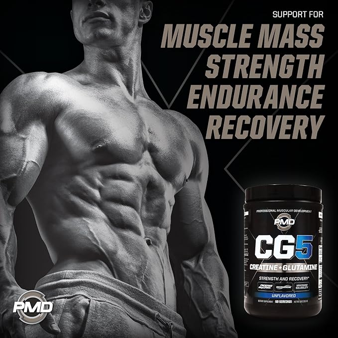 PMD Sports CG5 Premium Creatine &amp L Glutamine Powder Power Recovery Build Lean Muscle Increase Workout Performance Maximum Strength Pre Workout &amp Post Workout Unflavored 60 Servings