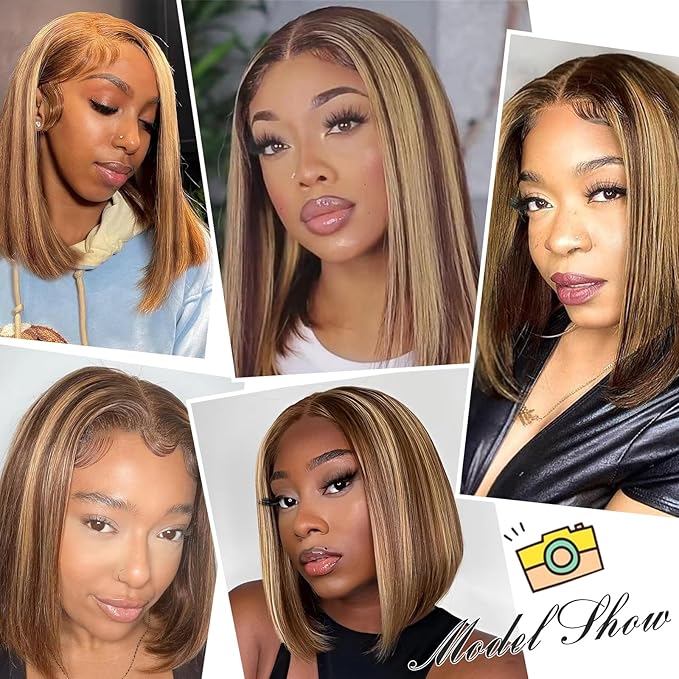 4/27 Honey Blonde 13x4 Bob Wig Human Hair 180% Density HD Transparent Lace Front Wigs Human Hair Short Bob Pre Plucked Straight Wigs Human Hair for Women 12 Inch
