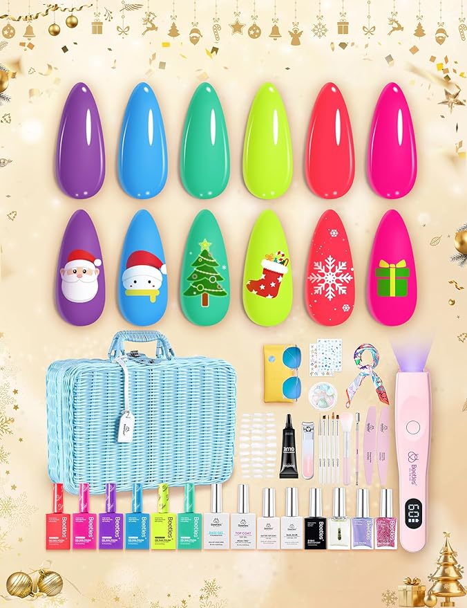 Beetles Christmas Gel Nail Polish Set with Mini LED Nail Lamp Purple Red Green Yellow Gel Polish with Base Top Coat Nail Art Brushes Salon DIY Gift Basket for Women