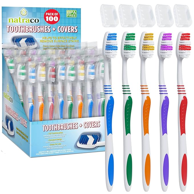 Bulk Toothbrush Pack with Covers | Premium Quality Individually Wrapped Colorful Tooth Brushes | Medium Soft Bristles for Travel Donations Hotels (100)