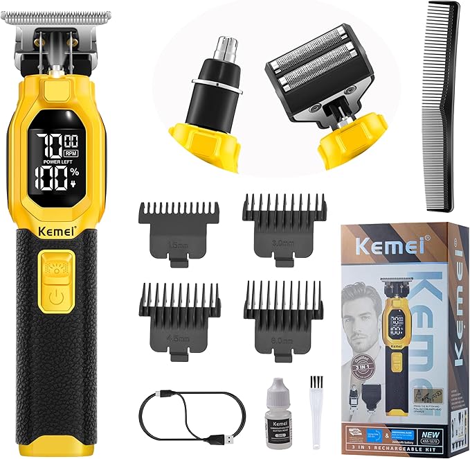 KEMEI 1878 Beard Trimmer for Men 3 in 1 Hair Clippers Shavers for Men Cordless Nose Hair Trimmer with Removable Head LED Display