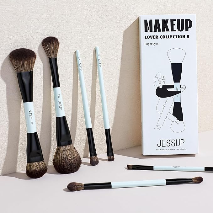 Jessup Makeup Brush Set 6pcs Double Sided Makeup Brushes Foundation Contour Blush Highlight Blending Eyebrow Brush Eyeshadow Brush Vegan Fiber Make up Brush Bright Cyan T501
