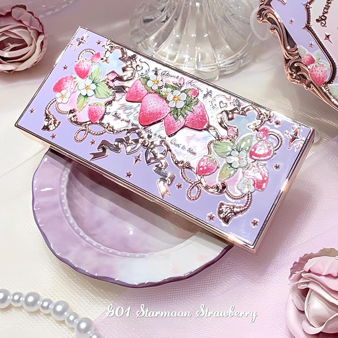 Flower Knows Violet Strawberry Rococo Eyeshadow PalettePurple Pink Makeup Palette with 3 Matte + 2 Shimmer ShadesBlendable Smooth Cute Eye Makeup0.21 Oz(Starmoon Strawberry)