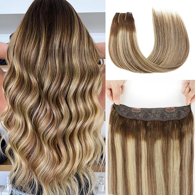 RECOOL Wire Hair Extensions Real Human Hair Balayage Chocolate Brown with Golden Blonde Remy Hair Extensions Invisible Wire Hair Extension Straight Clip in Hair Extension(20 inch)