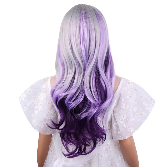 Silver Gray Ombre Purple Wig for Child Girls Long Grey Ombre Purple Middle Part Wig Kids Silver Gray to Wavy Curly Wigs Heat Resistant Synthetic Wigs with Cap