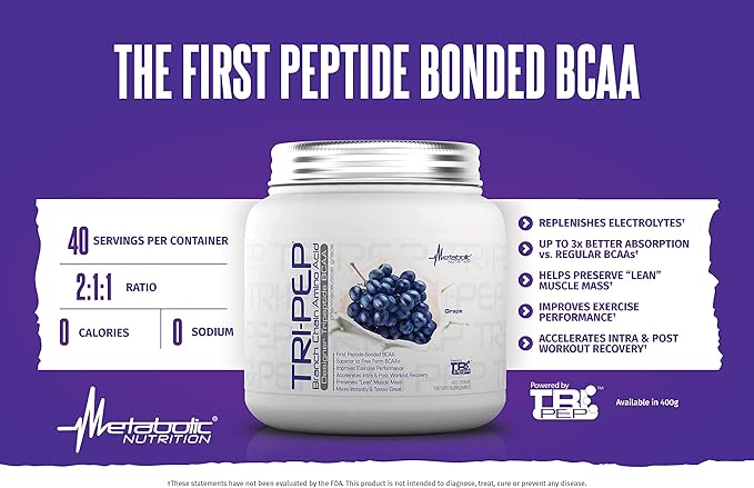 Metabolic Nutrition | TRIPEP - Tri-Peptide Branch Chain Amino Acid BCAA Powder Pre Intra Post Workout Supplement | Watermelon 400 Grams (40 Servings)