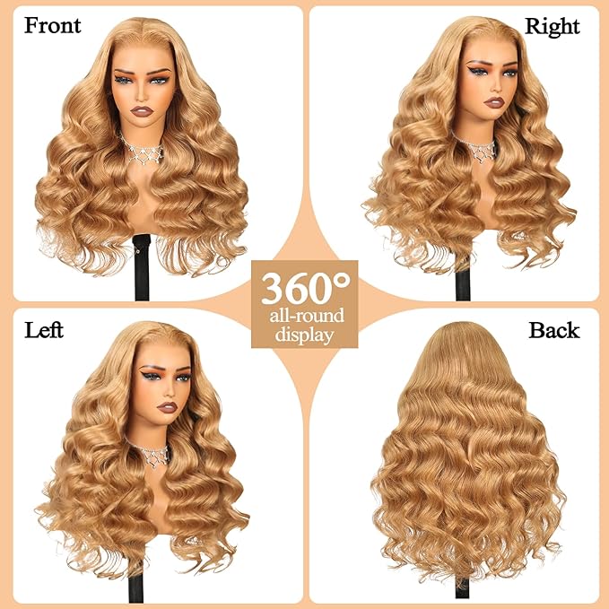 180% Density 13x6 Ash Blonde Lace Frontal Wig Human Hair Honey Blonde Body Wave Lace Frontal Wigs Human Hair 27# Colored Lace Front Wigs For Women Pre Plucked (22inch)