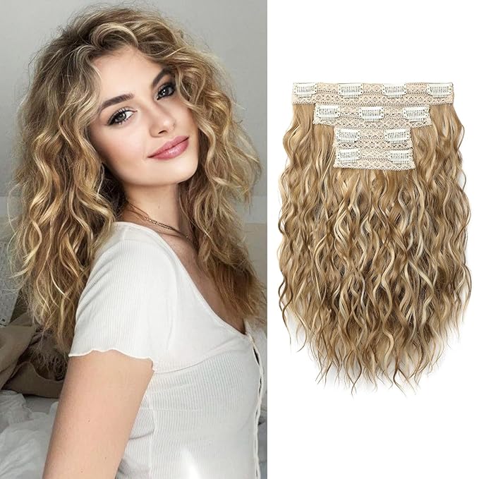 REECHO Clip in Hair Extensions 4PCS Hair Extensions 12 Short Curly Wavy Blonde hair extensions Invisible Lace Weft Natural Soft Hairpieces for Women ? Golden Blonde with Highlights