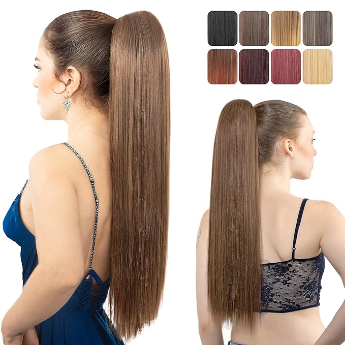 Ponytail Extension 24 Long Straight Claw Clip Ponytail Extension clip on ponytails hair clip Hair claw clip Fake Ponytail Hairpieces for Women ? Chestnut Brown