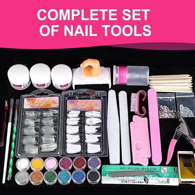 Nail Kit Set Professional Acrylic with Everything 12 Glitter Acrylic Powder Tips Decoration DIY Nail Art Tools &amp Supplies for Beginners