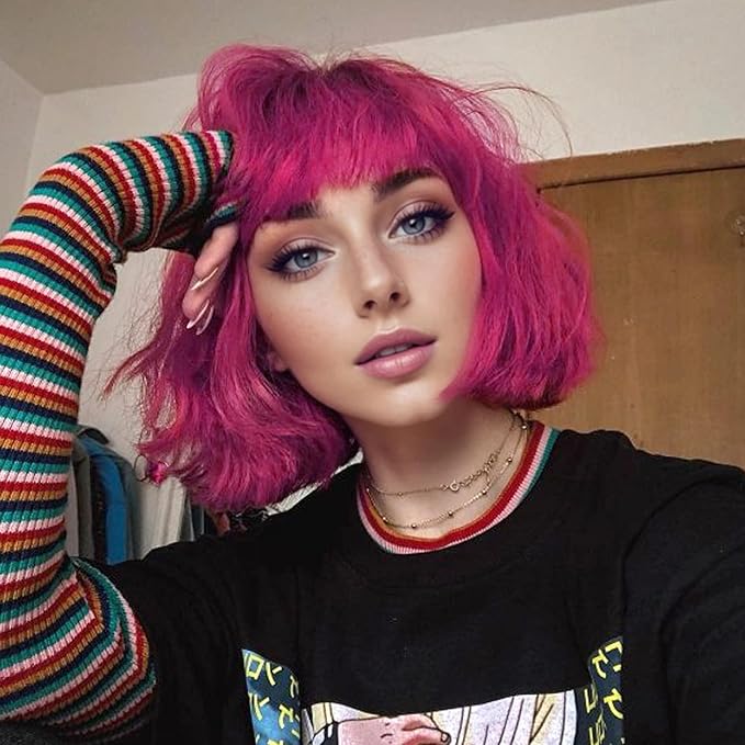 FAELBATY Short Curly Wavy Hot Pink Wigs with Air Bangs Shoulder Length Wig for Women Synthetic Halloween Cosplay Costume for Girl (12 Hot Pink)