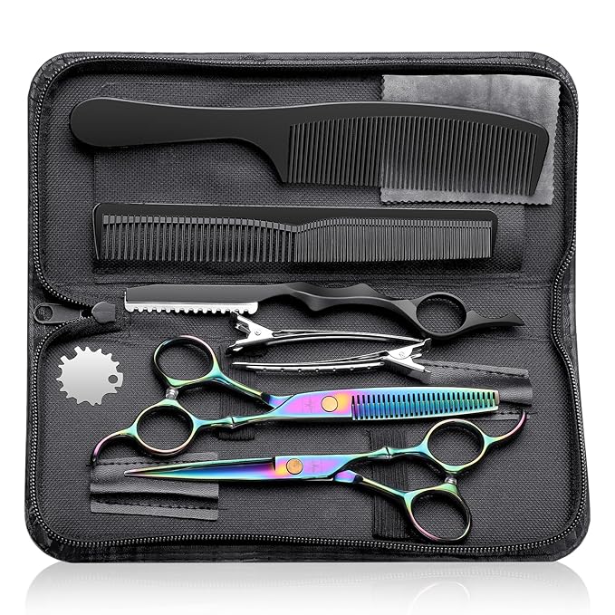 PURPLEBIRD Haircutting Scissor Kit Professional Barber Hairdressing Shears Set Thinners for Men Women Pets (10 Pcs Rainbow Stainless Steel)
