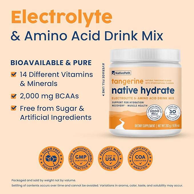 NativePath Native Hydrate Zero Sugar Electrolytes Powder with BCAAs Tangerine Hydration Keto &amp Paleo Friendly 30 Servings