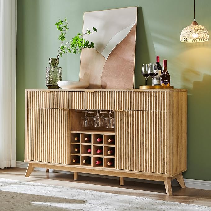 OKD 60 Fluted Buffet Cabinet with Storage - 3 Drawers and 2 Doors Mordern Wine &amp Coffee Bar Cabinet with Wine and Glass Racks Sideboard with Adjustable Shelves for Kitchen Dining RoomNatural