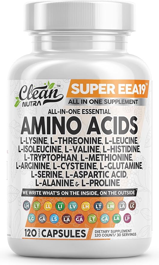 Clean Nutraceuticals Amino Acids Supplement L-Lysine L-Threonine L-Leucine Isoleucine Valine L-Histidine L-Tryptophan L-Methionine L-Arginine L-Cysteine L-Glutamine L-Serine Aspartic Acid