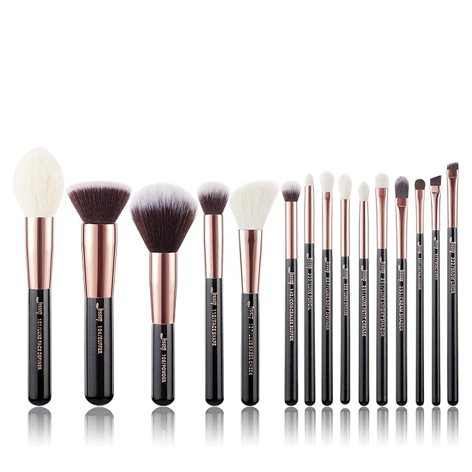 Jessup Makeup Brushes Labeled Makeup Brush Set Premium Synthetic and Natural Hair Foundation Powder Concealer Eyeshadow Blending 15pcs Brush Kit Rose Gold/Black T160