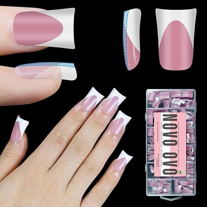 NOVO OVO White French Tip Short Duck Nail Tips Press on BERRY PINK Pre-designed Soft Gel Nail Extension Extra thick Full Cover Matte Vrial False Nails for DIY x 12 Sizes 360 pcs