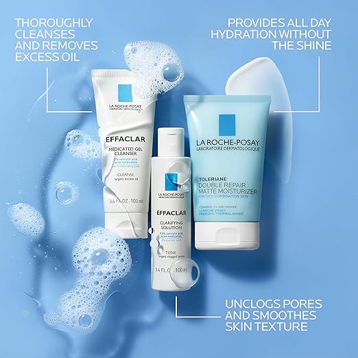 Effaclar Daily Acne Essentials Kit Acne Treatment System Salicylic Acid Acne Cleanser Pore Refining Toner &amp Matte Face Moisturizer for Oily Skin &amp Combination Skin Oil-Free 2 Month Suppl