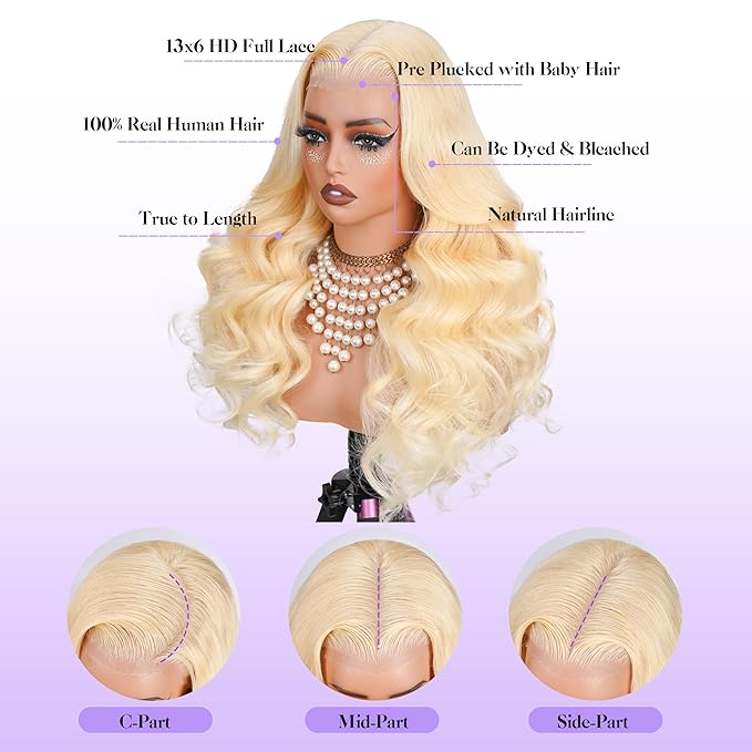 613 13x6 Lace Front Wig Human Hair Pre Plucked 250 Density 18 Inch Body Wave Blonde Wig Human Hair 613 HD Lace Frontal Wigs 13x6100% Real Human Hair No Tangle No Shedding Triple Lifespan 3X
